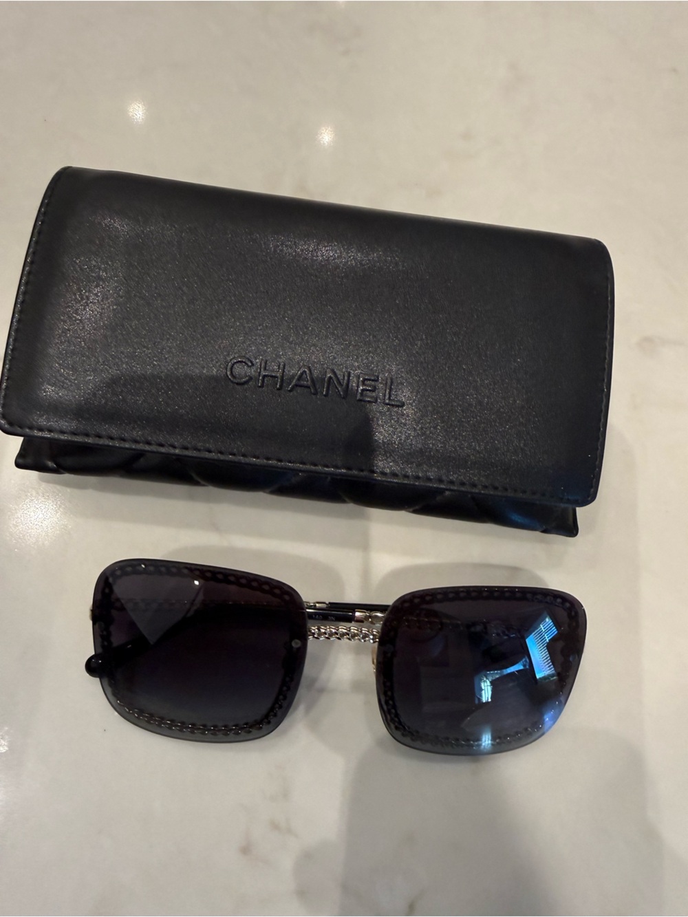 CHANEL Black Quilted Frame Sunglasses with Quilted Case